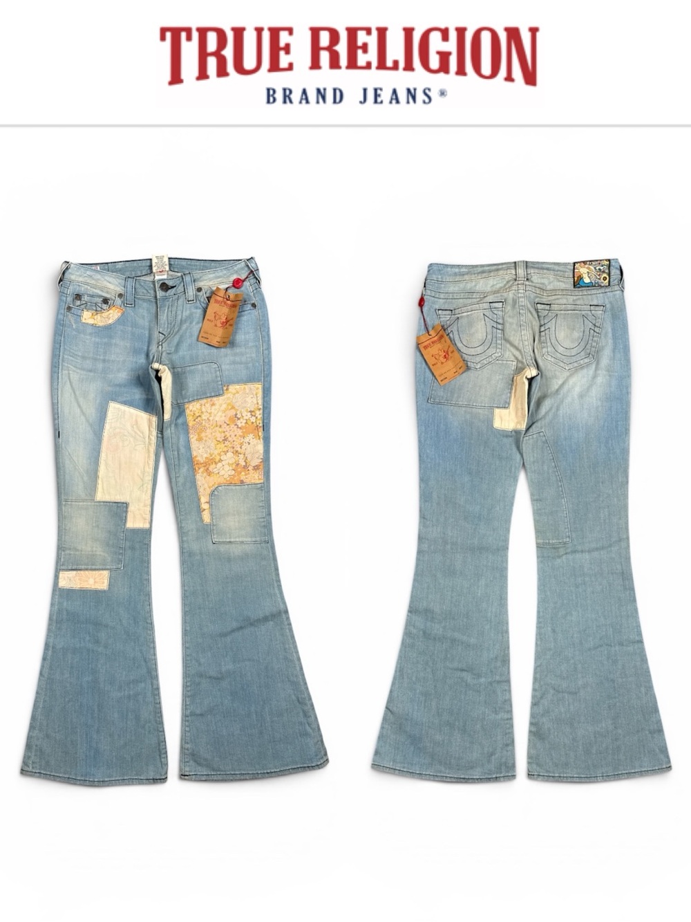 NWT TRUE RELIGION CARRIE FLORAL PATCHWORK FLARE JEANS Y2K LOW RISE SIZE 31 RARE